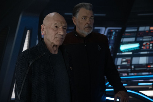 Patrick Stewart as Picard and Jonathan Frakes as Will Riker in"Imposters" Episode 305, Star Trek: Pi
